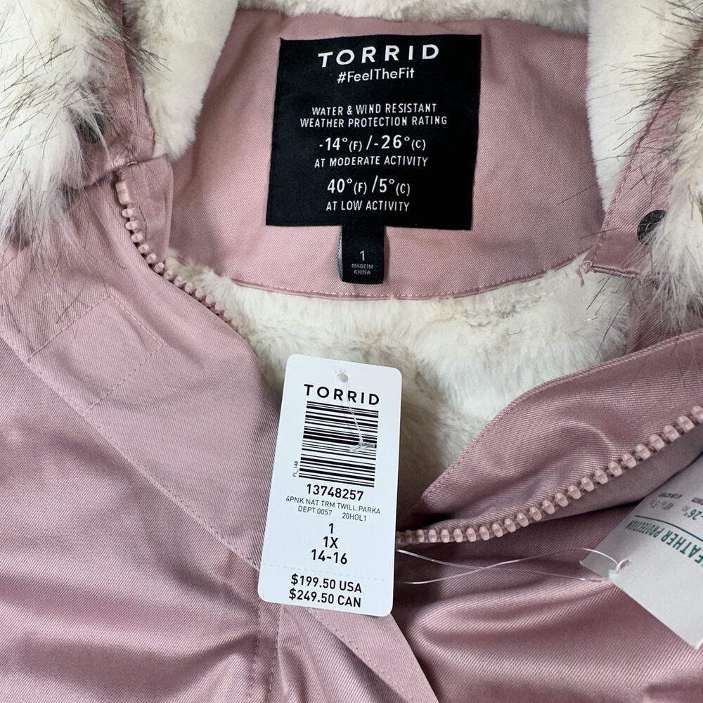 NWT Torrid Twill Faux Fur Trim Parka Pink 1X 14/16 Hooded Winter Coat Plus Cozy - Picture 5 of 11
